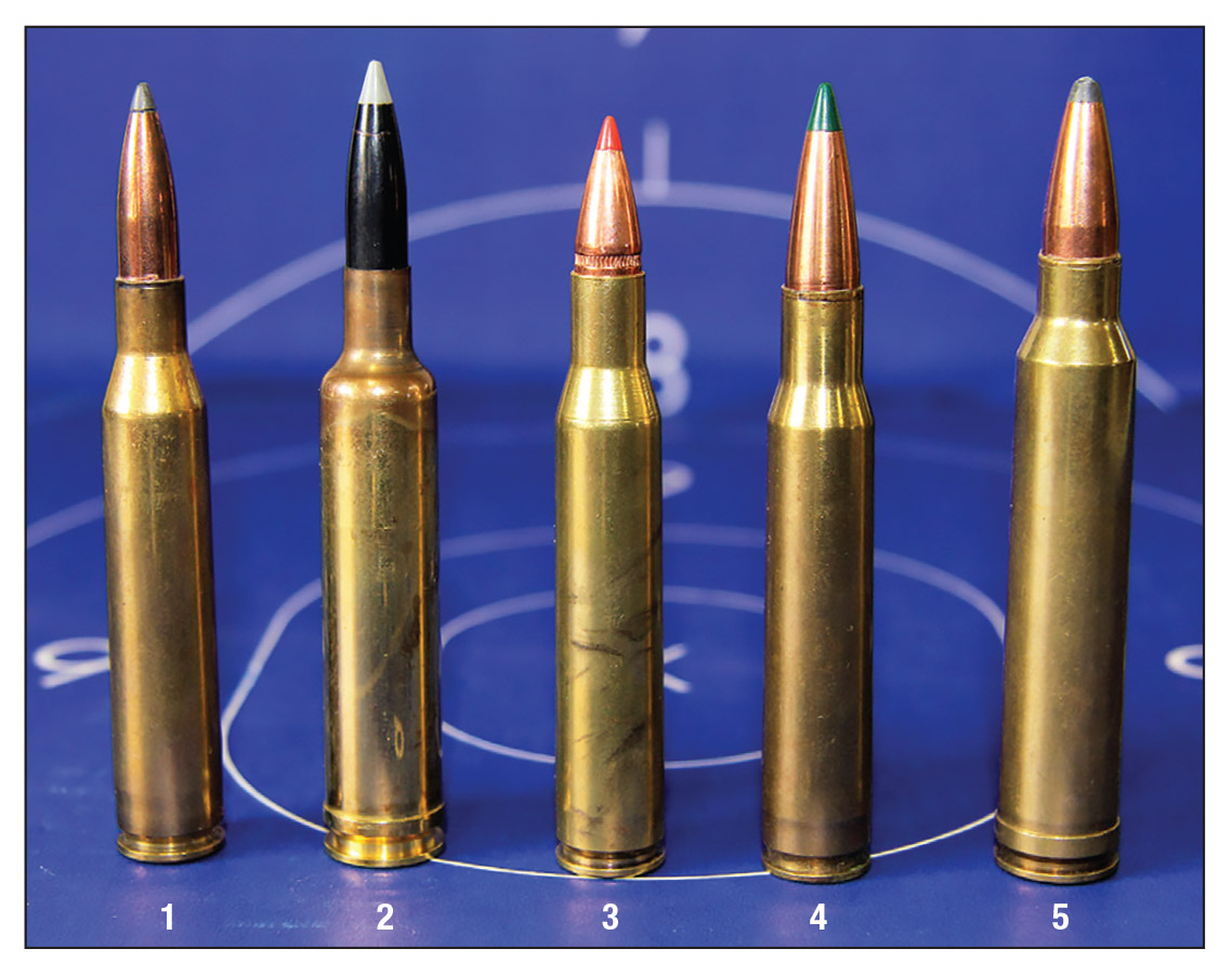 Shown for comparison: (1) 25-06 Remington, (2) 257 Weatherby Magnum, (3) 270 Winchester, (4) 30-06 Springfield and (5) 300 Winchester Magnum.